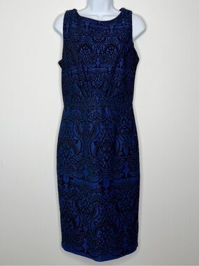 New York & Company Blue and Black Velvet Flocked Brocade Sheath Dress